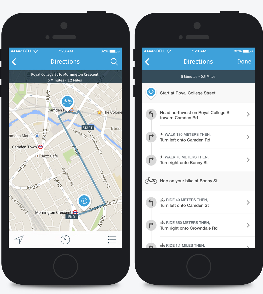 The Barclays Bikes Application 'map directions' and 'list directions' screens.