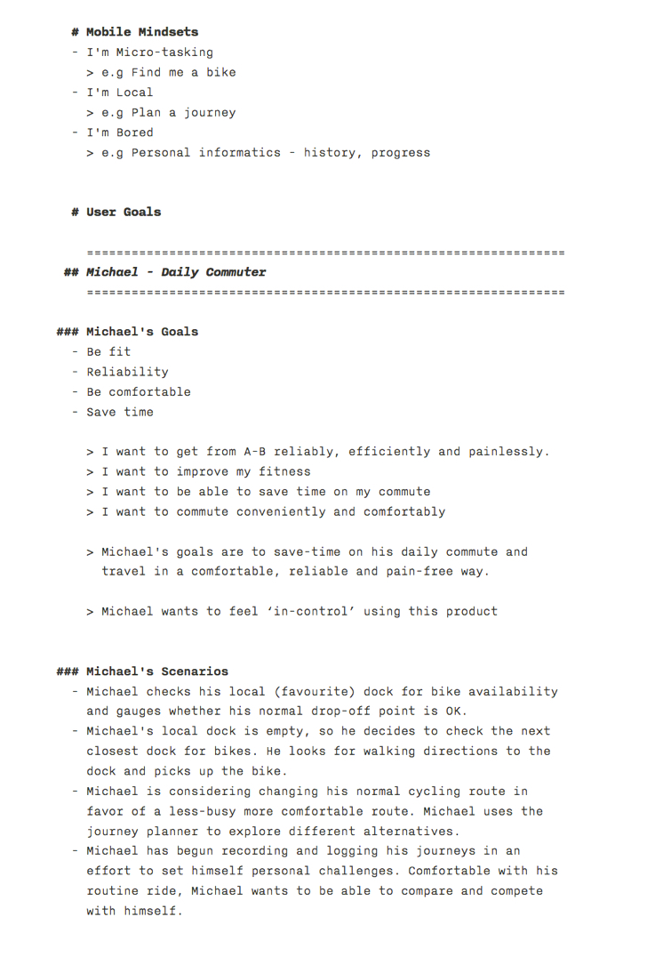 A graphic showing the note-taking of end goals and experience goals of the Michael persona. These include feeling 'in-control', and wanting to get from A-B quickly, reliably and comfortably.