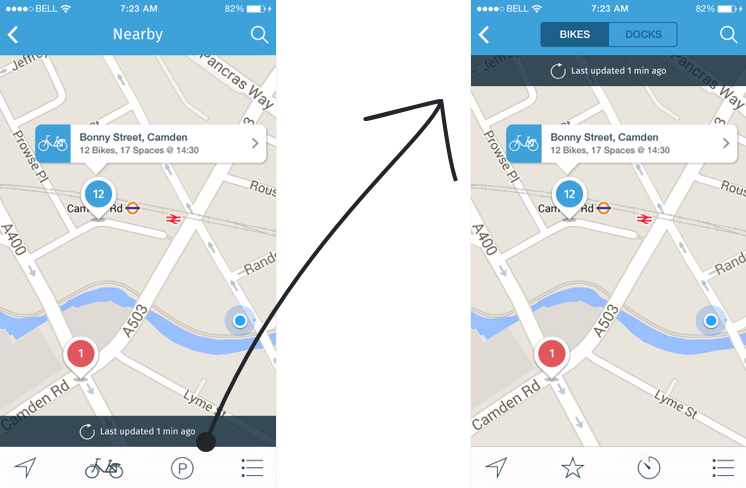 A before and after comparison of the nearby interface. The image shows the refined design of the 'Bikes' and 'Spaces' view control.