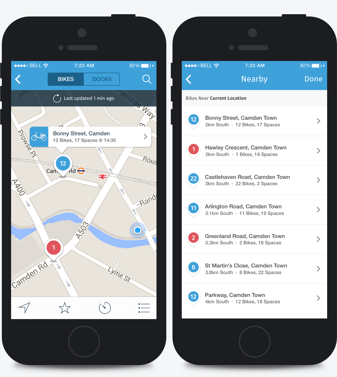 The Barclays Bikes Application 'nearby' map screen and the 'nearby' list screen.