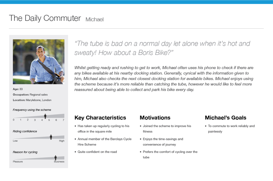 Sample Persona document representing Michael the daily commuter. Michael's goals are to commute to work reliably and painlessly.