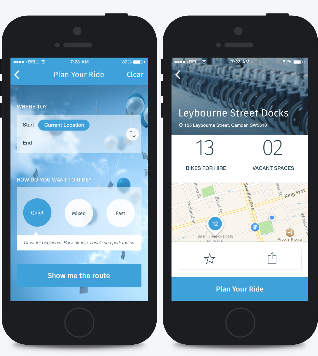 The Barclays Bikes Application 'Plan a Ride' and 'Docking station info' screens.