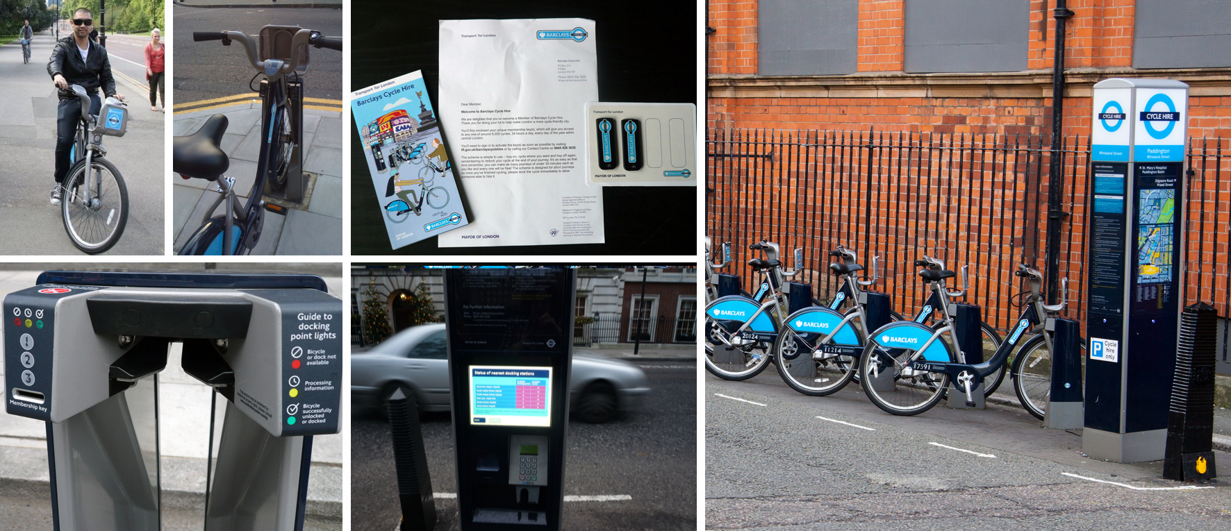 Photograpg of Simon Pan riding a Barclays Bike and Barclays Bikes docking station.