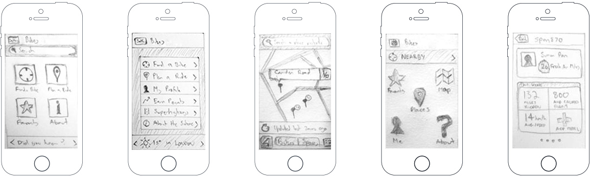 Rough wireframe sketches of the app in it's infancy. The sketches cover a grid, list and map based layout for the home screen.