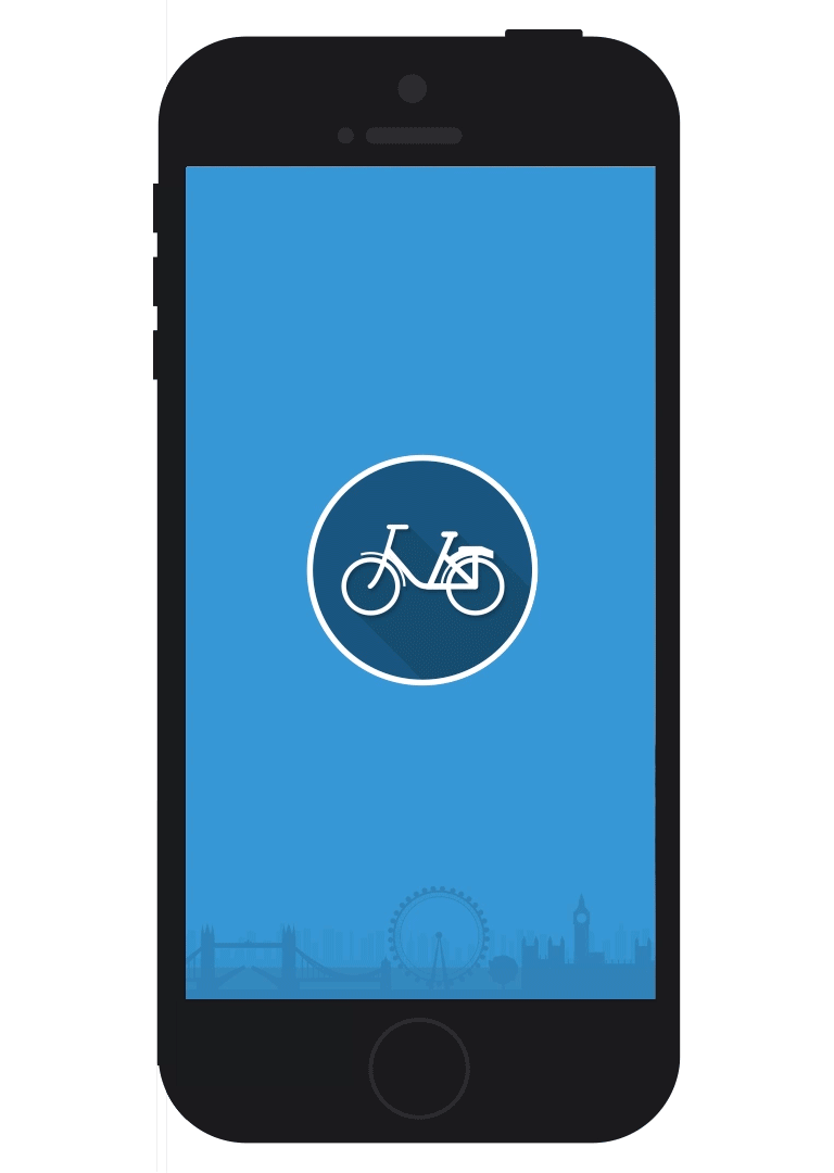 An animation showing the london by bike splash screen fading into the main screen of the app. The main screen icons transition into the screen in a circular motion and reveal the app's four main options: info, plan, nearby and timer.