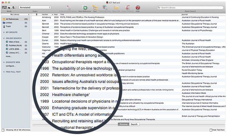 A screenshot of the endnote application showing bibliography of ilc related research.
