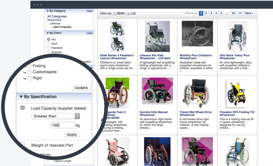 A closeup of the search filters 'by specification' giving the user the options to specify a load capacity greater than 150kg.