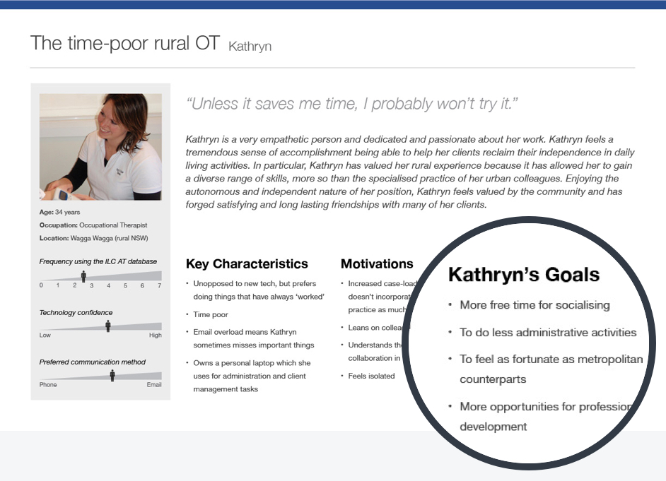 A sample persona of Kathryn highlighting her user goals.