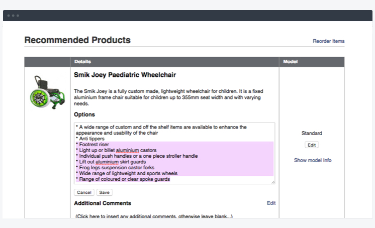 Browser window showing a list of recommended products. The visual shows the user editing the options category.