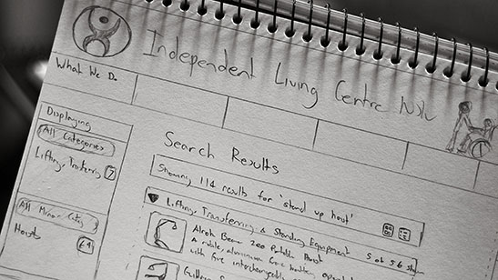 Sketch of the AT Magic search results page showing search filters and a list of search results.