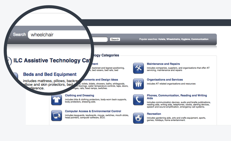 A closeup of a search bar with wheelchair typed in as the query.