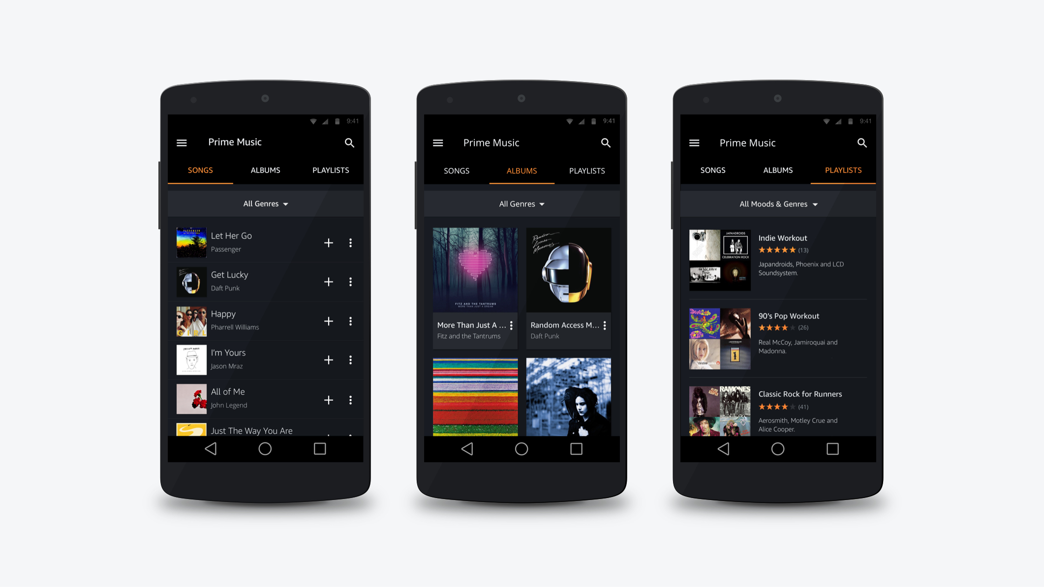 Three design composites showing the Prime Music section on Android Mobile. The designs show the 'Songs', 'Albums' and 'Prime Playlist' sections.