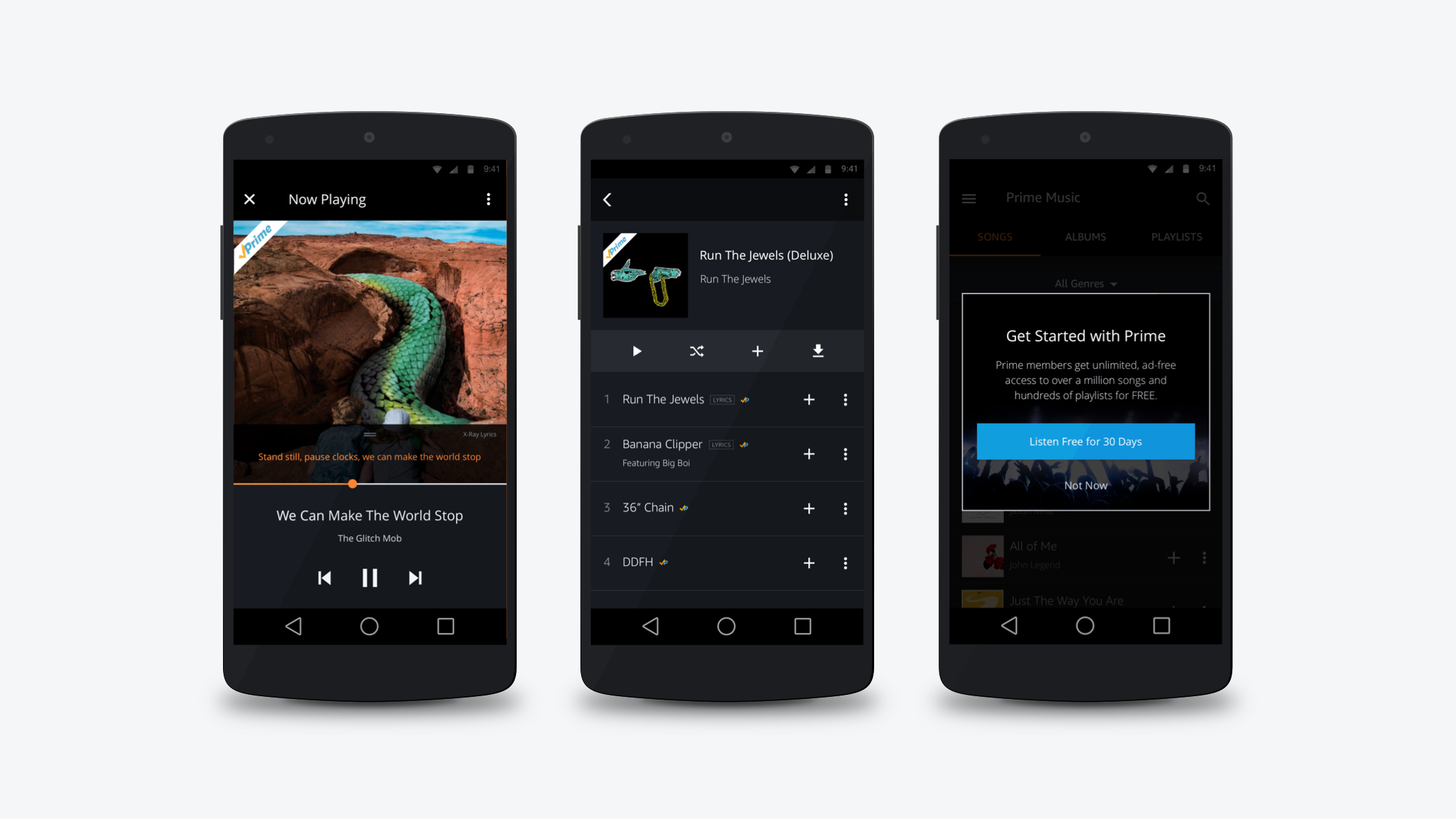 Three design composites showing the 'Now Playing', Album detail page for 'Run the Jewels' and the Prime upsell dialog for non-Prime customers on Android Mobile.