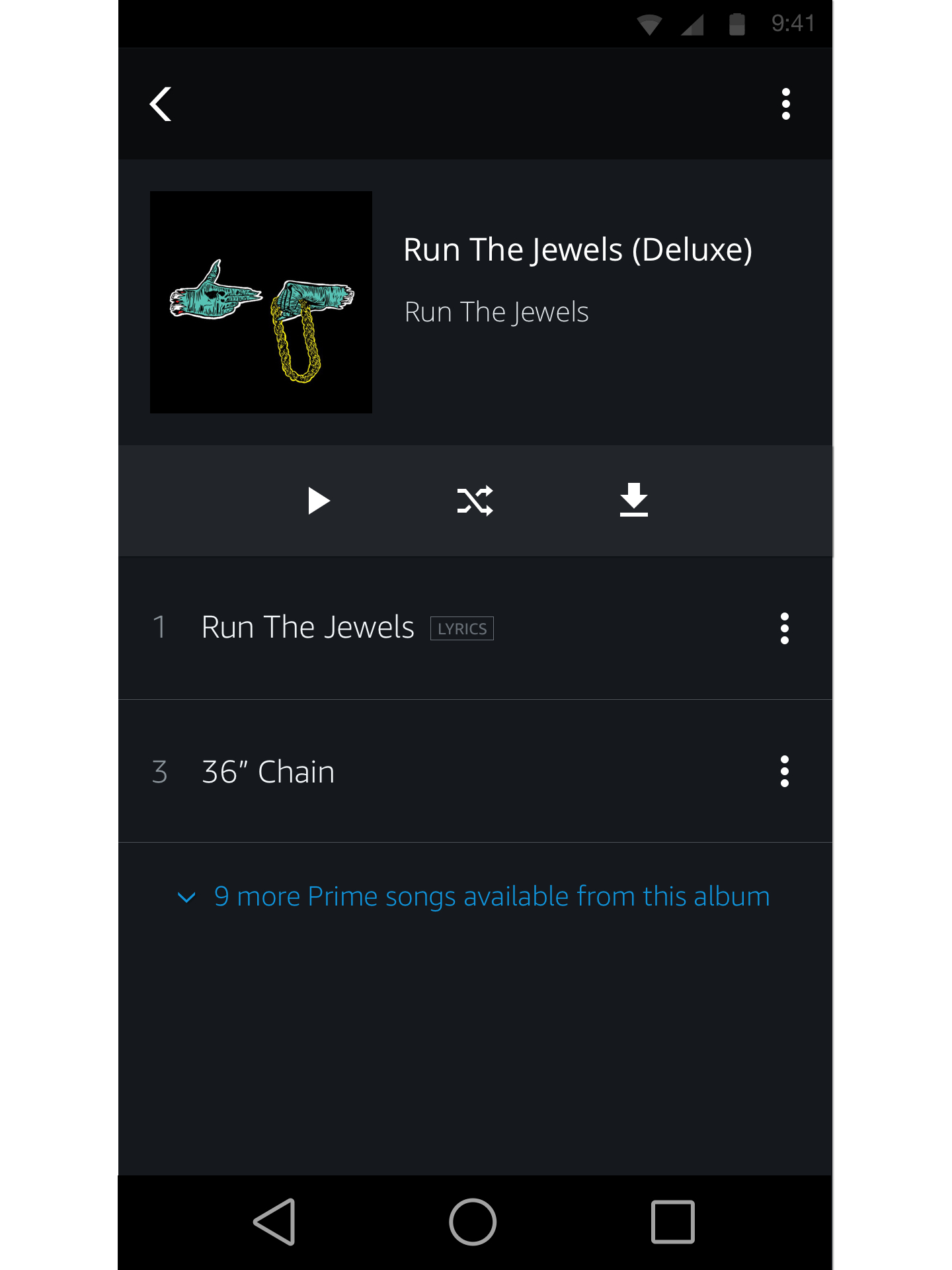 An Album Detail page showing the album 'Run the Jewels' by the artist Run the Jewels. The screen shows a play, shuffle and download button and also 2 songs from the album. There is also a link that says '9 more Prime songs available from this album'.