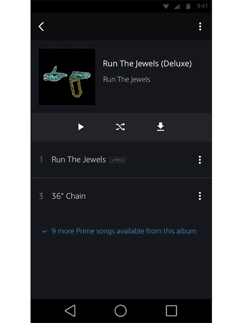 An animated android screen showing someone tapping the '9 more Prime songs available from this album. After tapping, the remaining songs from the album fade in.