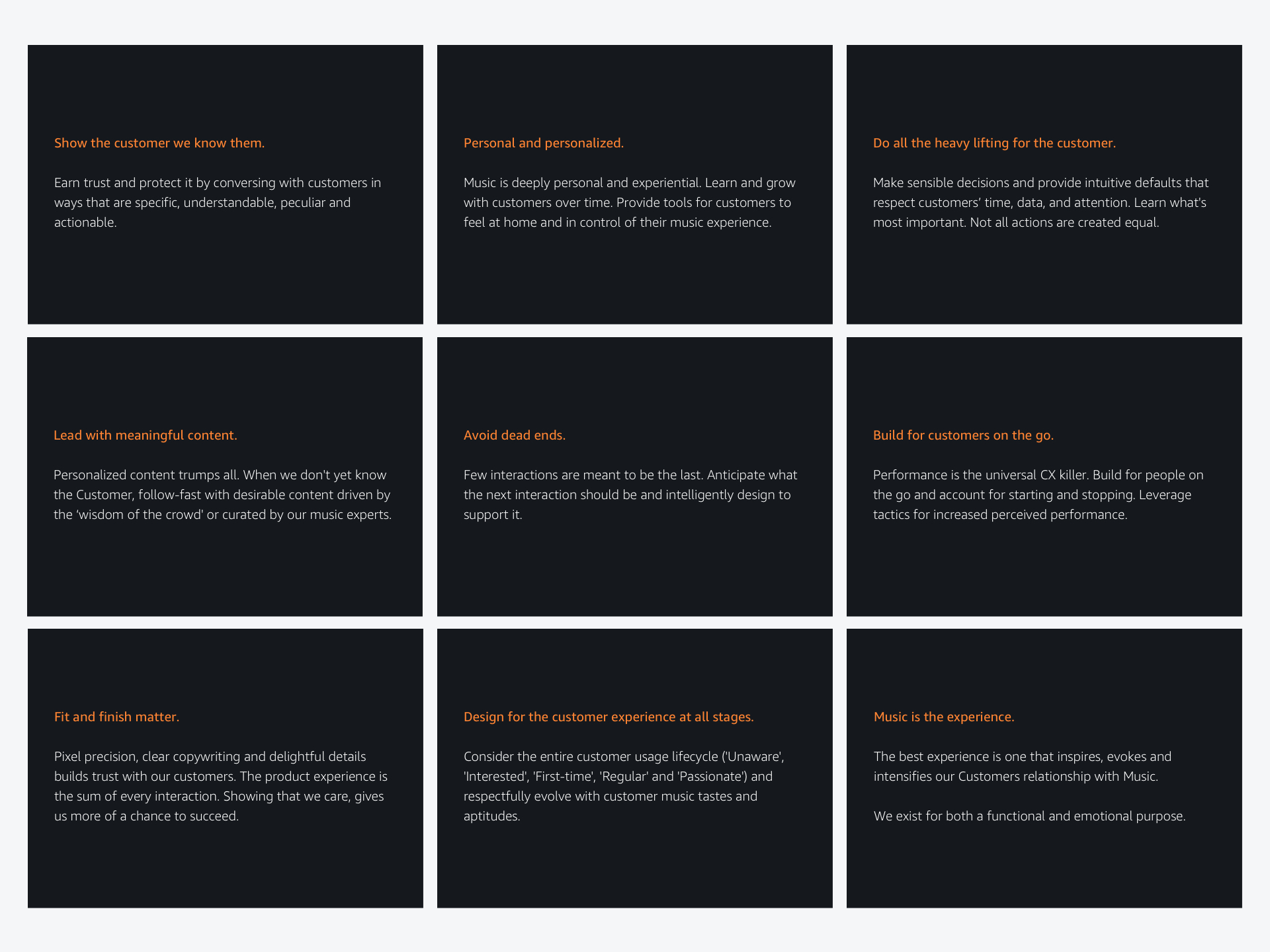 A grid of 9 pages that show the experience principles 'Show the Customer We Know Them', 'Personal and Personalized', 'Do All the Heavy Lifting for the Customer', 'Lead with Meaningful Content', 'Avoid Dead Ends', 'Build for Customers on the Go', 'Fit and Finish Matter', ' Design for the Customer Experience at all Stages' and 'Music is the Experience'.