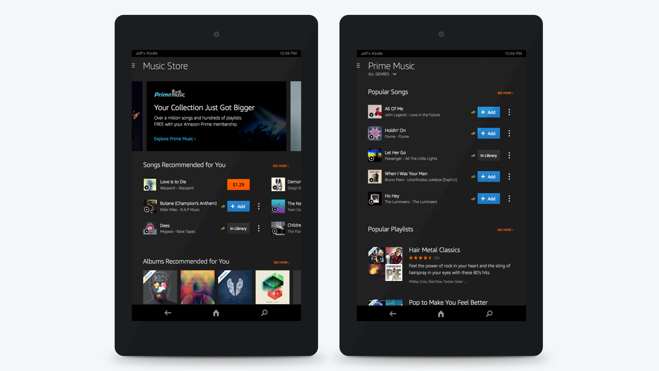 Two design composites showing the Music Store and Prime Music section on Kindle Fire. The content shows 'Songs recommended for you', 'Popular albums in prime' and 'Popular Prime Playlists'.