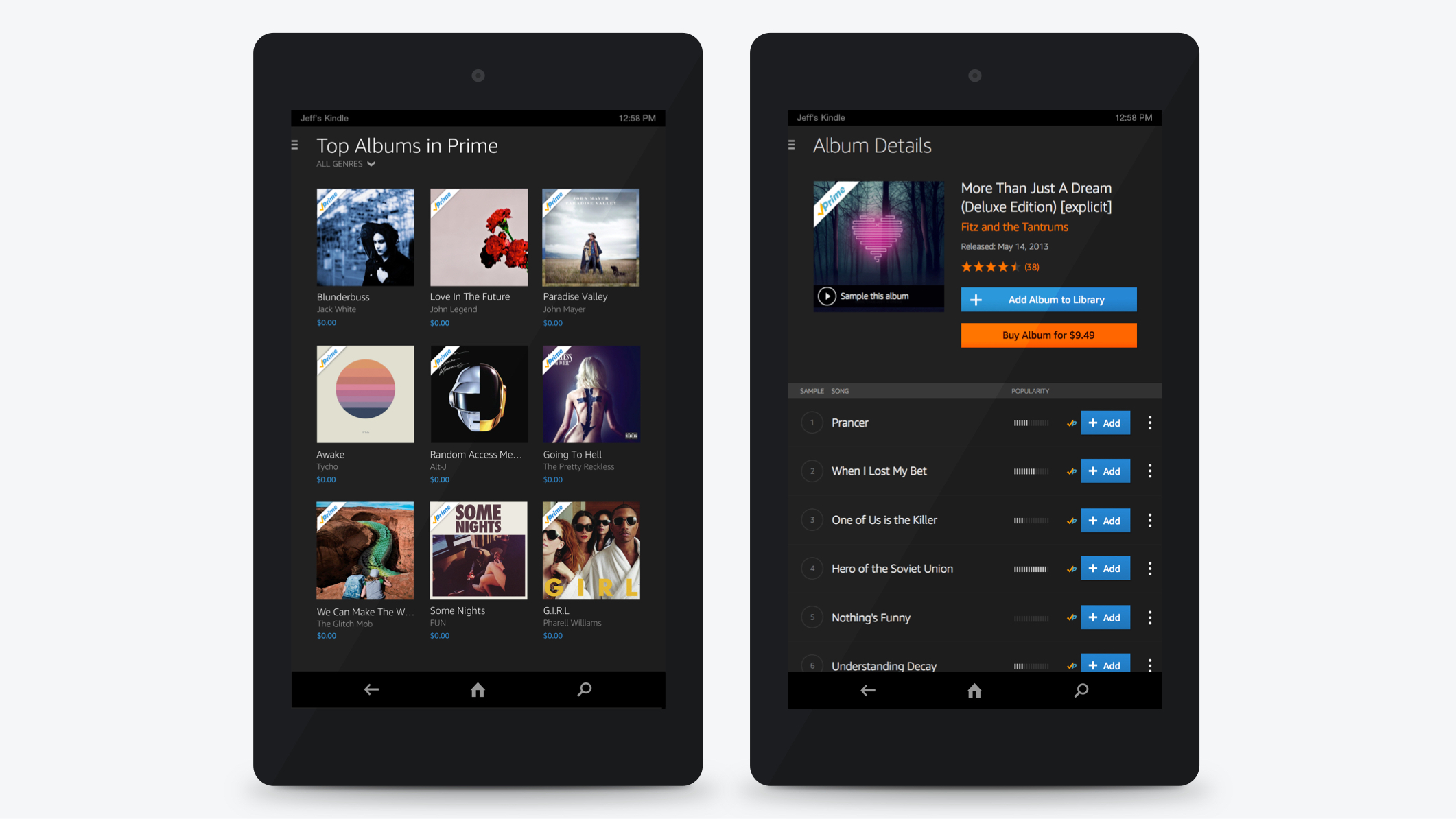 Two design composites showing the Prime Music section on Kindle Fire. The content shows 'Top albums in prime' and the album detail page for 'More than just a Dream' by Fitz and the Tantrums.