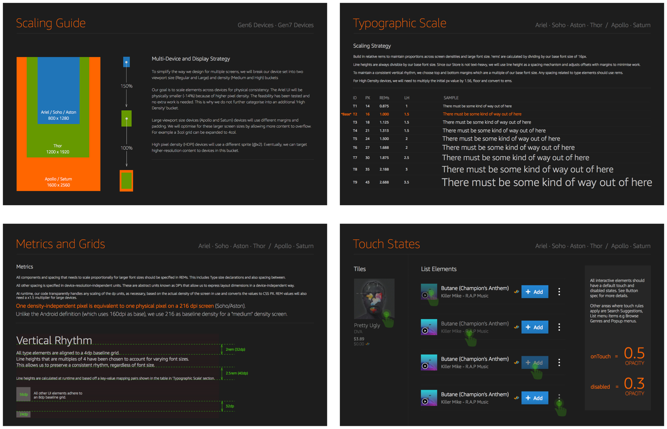 Various design specifications giving guidance on scaling, typography, grid systems and touch states.