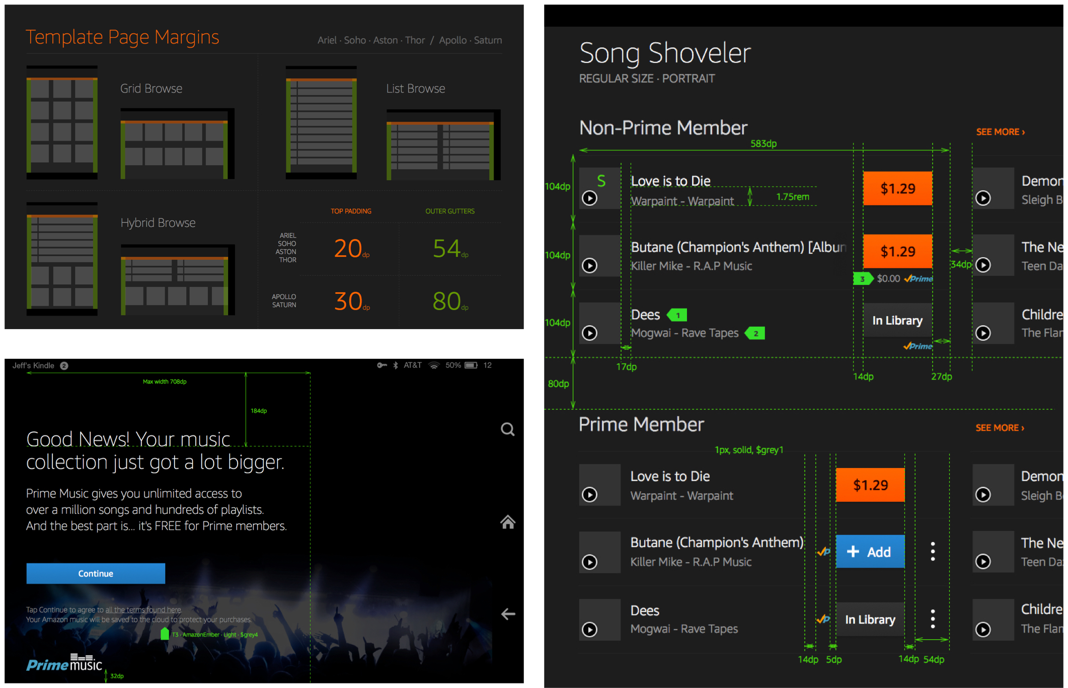 Various design specifications showing page template measurements and keylines for the Prime upsell marking page and song shovelers.