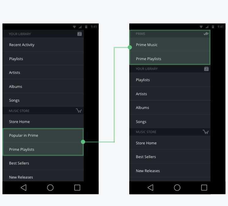 Two screen designs showing the before and after for the navigation drawer on Android mobile. The changes show moving the 'Popular in Prime' and 'Prime Playlists' sections from under the 'Music Store' section to a new section called 'Prime'.