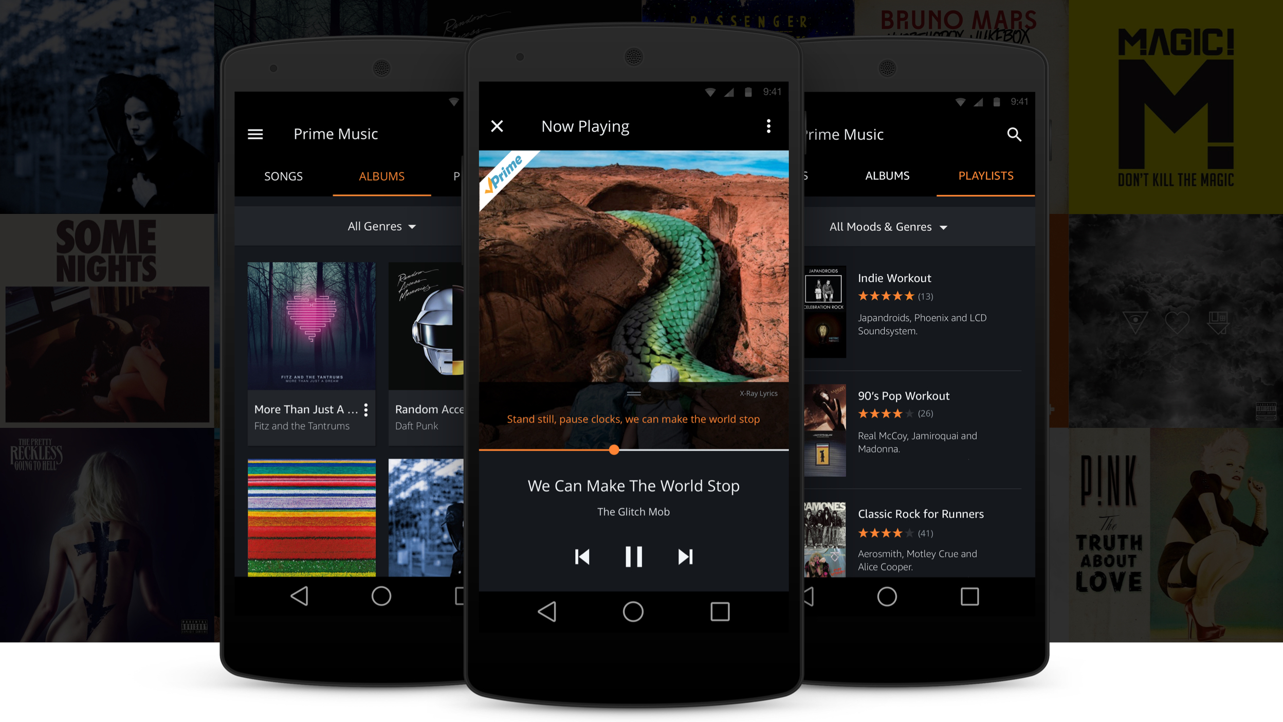 A fullscreen image showing 3 android phones with Prime music. The first phone shows the album section with four albums displayed in a grid. The albums include More than just a dream by fitz and the tantrums and Random access memories by daft punk. The next phone shows a picture of the now playing screen of Prime Music. This has large album art from the album We can make the world stop by the glitch mob. The screen also shows the lyrics 'stand still, pause clocks, we can make the world stop'. The third phone shows the Prime Playlists screen with the ability to filter by mood and genre. Three playlists are shown titles 'Indie Workout', '90s pop workout' and 'Classic Rock for Runners'.