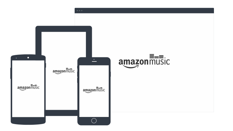 An iPhone, Android phone, kindle tablet and browser screen displaying the amazon music logo.