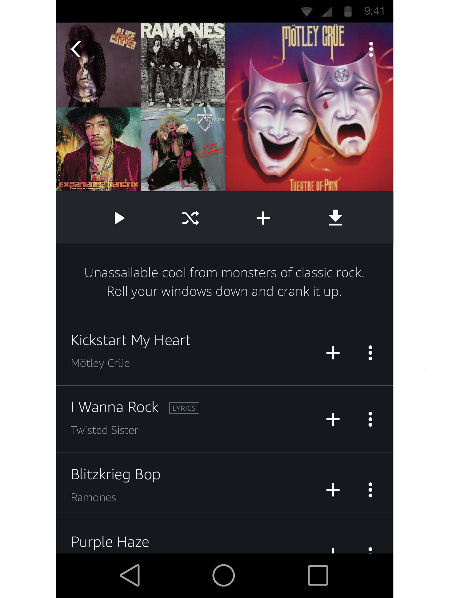 A Prime Playlist detail page showing the 'Classic Rock Swagger' playlist described as 'unassailable cool from monsters of classic rock. Roll your windows down and crank it up.' There is album art, play, shuffle, add and download buttons and also a tracklist that includes songs 'Kickstart my Heart' by Motley Crue, 'I Wanna Rock' by twisted sister and 'Blitzkrieg Bop' by the Ramones.