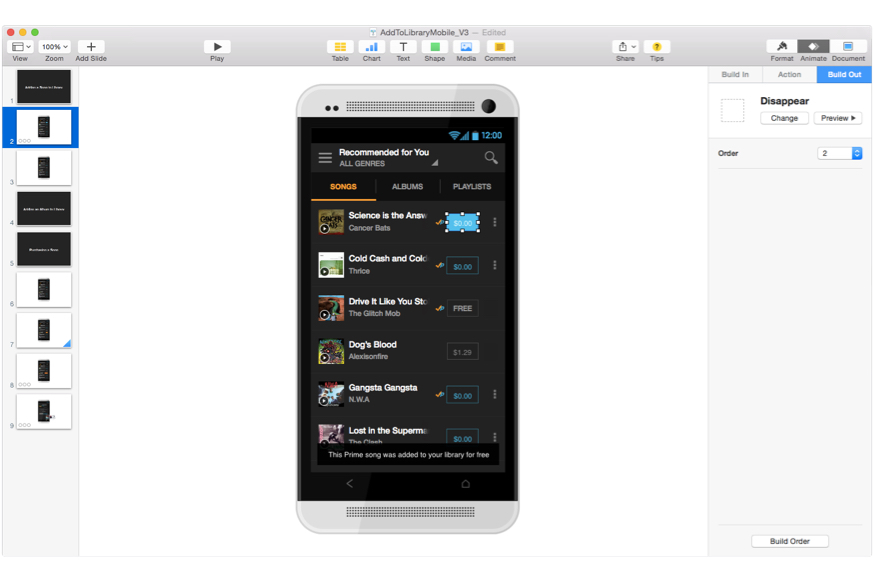A screenshot of an interaction design work in progress using the Keynote software.