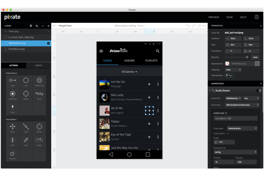 A screenshot of an interaction design work in progress using the Pixate software.