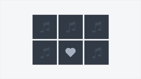 Simple graphic illustration of 6 squares with music notes to represent albums. One of the squares contains a love heart representing a favourite album.