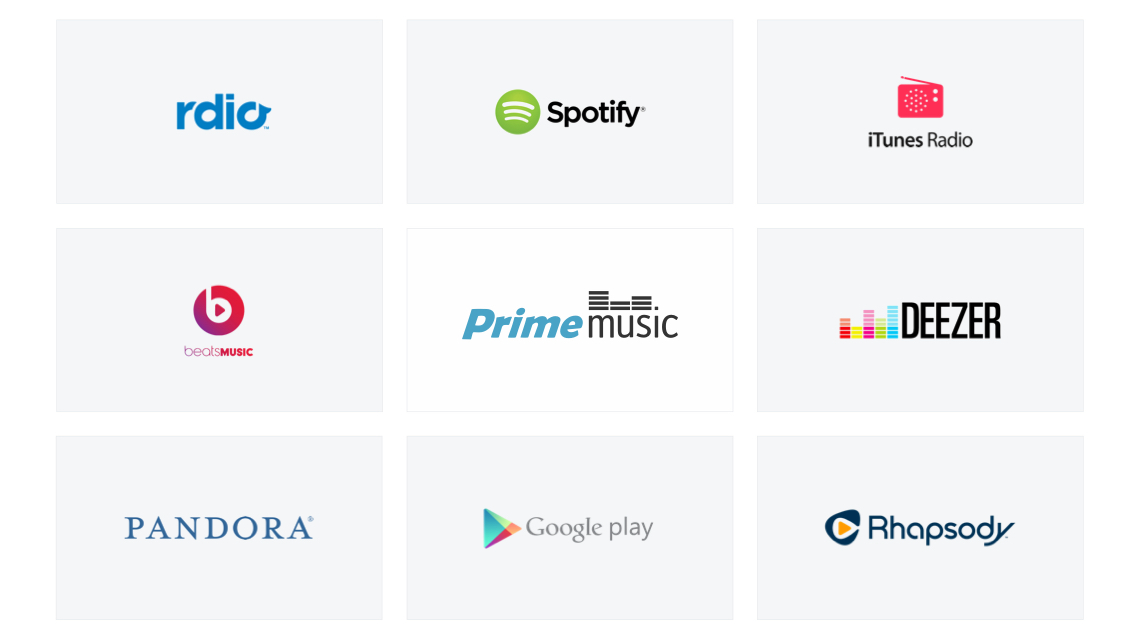A grid of squares with logos of rdio, Spotify, iTunes Radio, Beats Music, Deezer, Pandora, Google Play and Rhapsody. Prime Music logo is in the center.