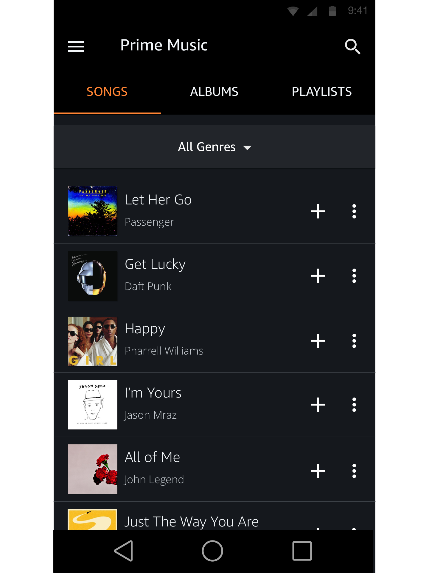 Android phone showing Prime Music screen. The three tabs are songs, albums and playlists. The active tab is the song tab which shows the most popular songs in Prime and a '+' sign next to each song. These songs are 'Let her Go' by Passenger, 'Get Lucky' by Daft Punk, 'Happy' by Pharell Williams, 'Im Yours' by Jason Mraz, 'All of Me' by John Legend and 'Just the Way You Are' by Bruno Mars.