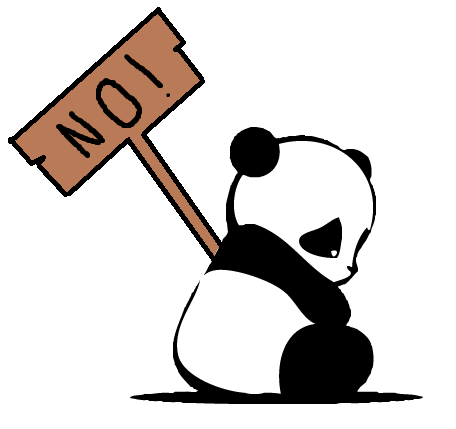 A sad panda holding a sign that reads no!