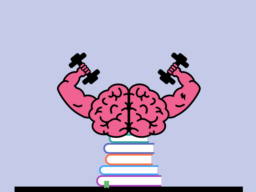 A brain with biceps flexing standing on top of a stack of books.